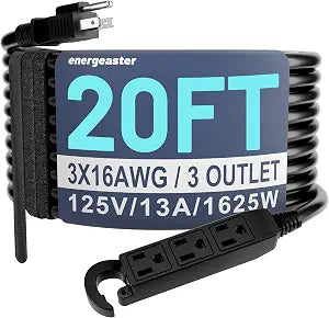 Energeaster 16/3 20 Ft 3 Outlet Extension Cord Outdoor/Indoor, Black