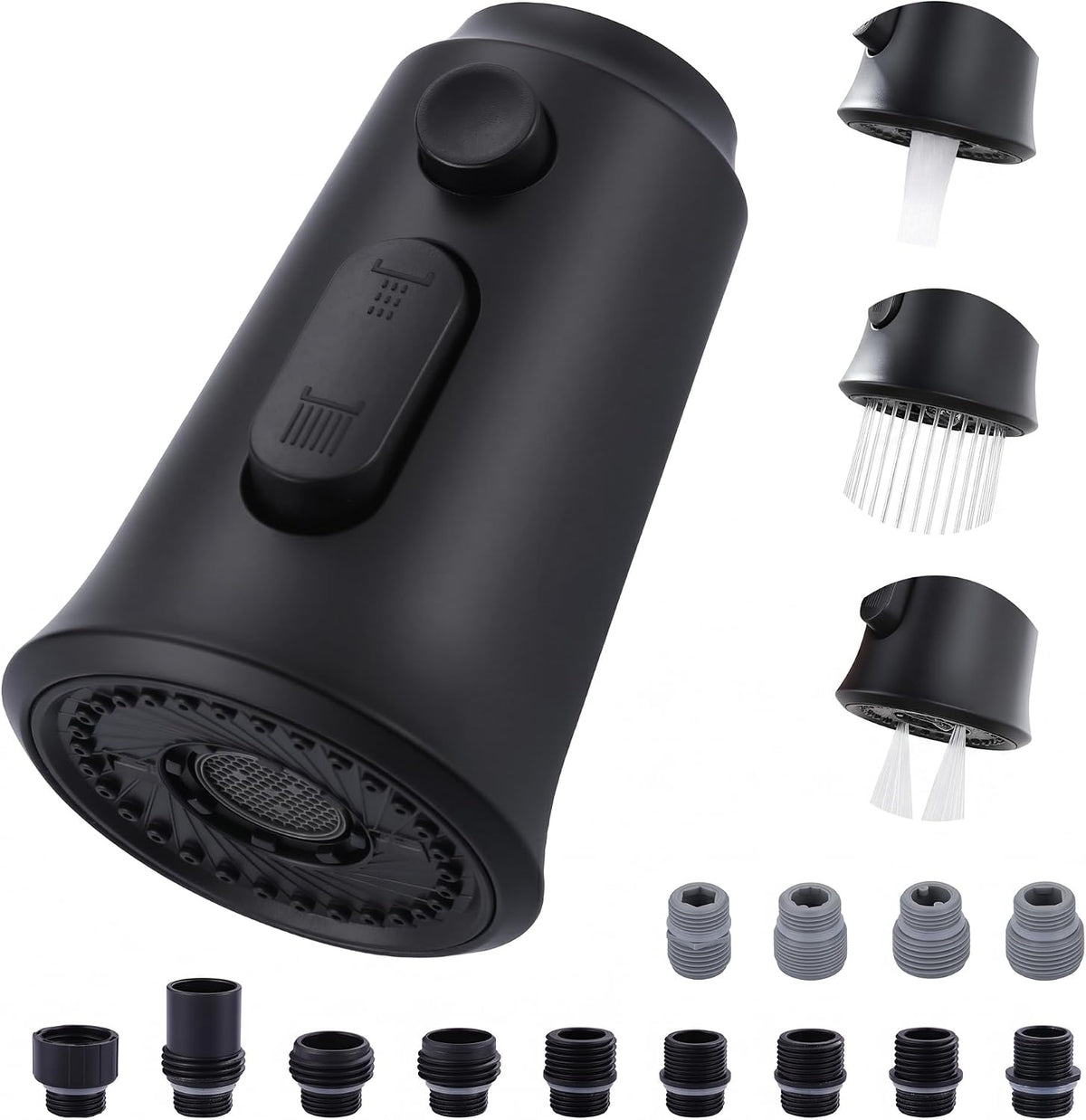 WOWOW Kitchen Faucet Head Replacement, 3 Function Pull Down Faucet Sprayer Head with 13 Adapters, Matte Black Kitchen Sprayer Nozzle Compatible with Moen, Delta, Kohler Faucets