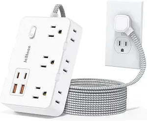 Surge Protector Power Strip, 10 Flat Plug with 4USB(2USB -C), 10FT Extension Cord, 1050J 3-Sided Outlet Extender for Home, Travel, Office, College Dorm-White