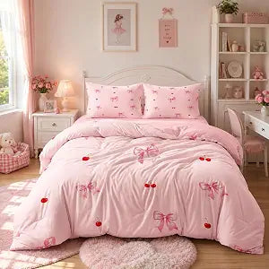 CCoutueChen Pink Bows Duvet Cover Set Full - 3 Pieces Cherry Bedding Set