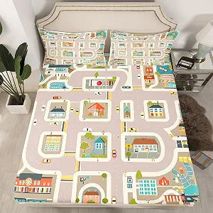 Kids Cartoon Car Fitted Sheet Twin Size,3D City Traffic Road Building Map Bedding Set for Child Boys Teens Room Decor,Geometric Lines Street Bed Sheets Modern Light Green Deep Pocket Sheet 2Pcs