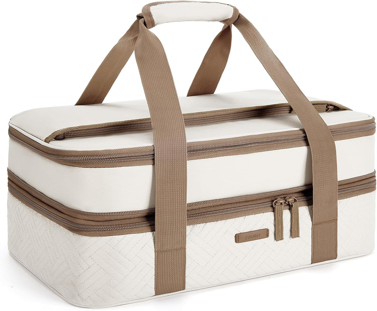 TOURIT Double Decker Insulated Casserole Carrier for Hot or Cold Food Expandable Thermal Food Carrier for Picnic Cookouts Potluck Parties Fits 9" x 13" Baking Dish