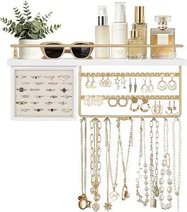 Mkono Wall Hanging Jewelry Organizer, Gold Wood Shelf Western Room Decor