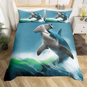 Erosebridal Shark Bedding Set Deep Sea Animal Duvet Cover Ocean Hammerhead Shark Comforter Cover for Kids Boys Girls Young Man Nautical Fishing Seafood Quilt Cover Child Room Decor Full Size Blue