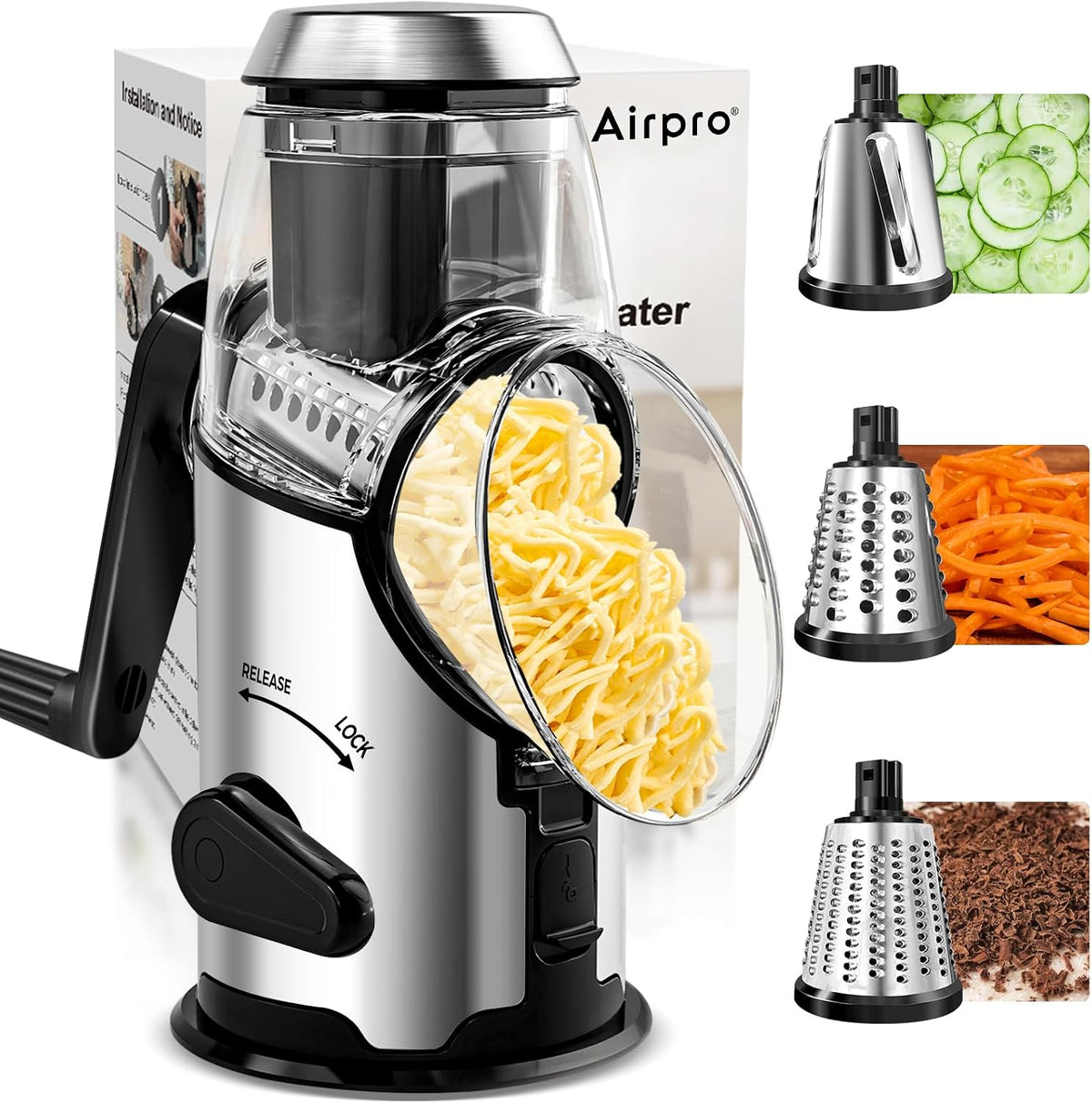 Airpro Rotary Cheese Grater with Handle - Vegetable Shredder with 3 Stainless Steel Blades & Strong Suction Base,Round Mandoline Slicer & Food Chopper for Kitchen