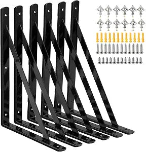 Heavy Duty Shelf Brackets 12 x 8 inch, 6 Pack Wall Shelf Brackets with 90 Degree Triangle, Black Metal L Brackets, Shelves L Brackets(300x190mm)