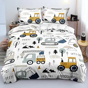 Construction Duvet Cover Queen ��� Truck Comforter Cover Set with Tractor, Cars Prints ��� Monster Truck Twin Bedding Set with Shams ��� Fun Boys��� Bedroom Decor