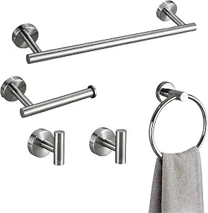 Silver 5 Pieces Bathroom Hardware Set, 16 Inch Bathroom Towel Holder, Wall-Mounted Towel Bar, Towel Racks for Bathroom, Robe Towel Hooks, Toilet Paper Holder