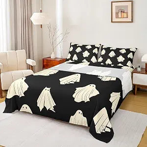 Castle Fairy Ghost Fitted Sheet Set Full Size 4 Pcs,Black Halloween Theme Teens Sheets,Kids Halloween Ghost Printed Bedding Sets (1 Fitted,1 Flat,2 Pillowcases)