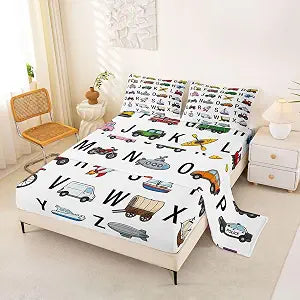 Feelyou Excavator Kids Bed Set Fire Truck Police Car Boys Bed Sheets Helicopter Motorcycle Ambulance Toddler Sheet Set Alphabet Vehicle Cars Sheets Decor with 2 Pillowcases 4Pcs Bedding Queen