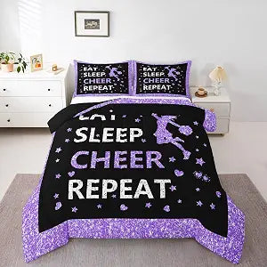 Purple Black Cheerleader Bedding Set For Teen Girls Full,Eat Sleep Cheer Comforter Set For Cheerleading Room Decor,Glitter Sequins Love Hearts Stars Quilt Comforters Cheering Team Duvet Set 3 Pcs