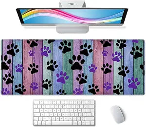 Dog Paw Desk Mat Black and Purple Large Extended Mouse Pad XL Desk Pad Gaming Mousepad Keyboard Mouse Mat for Computer Laptop 31.5''X11.8'' Non-Slip Rubber Base with Stitched Edges