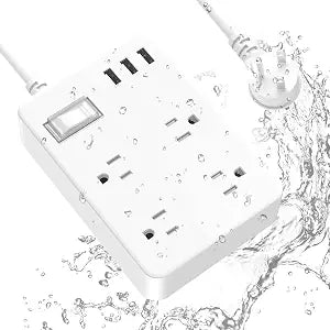 Jgstkcity Outdoor Waterproof Power Strip, 4 Flat Plug Outlets and 3 USB Ports, Mountable Weatherproof Surge Protector, Multi Outlet Extension for Camping, Garden, Kitchen, Bathroom, 6ft Cord (White)