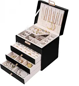 Leather Jewelry Box with Lock for Women, 4-Tier 3-Drawer Jewelry Organizer