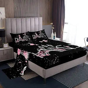 Feelyou Eiffel Tower Fitted Sheet Chic Paris Bedding Set Romantic Theme Bed Sheet Set for Boys Girls Kids Teens Black Pink Bedroom Decor Modern French Style Bed Cover Bedding Sheet Queen Size 4Pcs