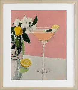 Pink Cocktail Lemon Still Life Glam, 13 x 16 Inch Framed Print Under Glass