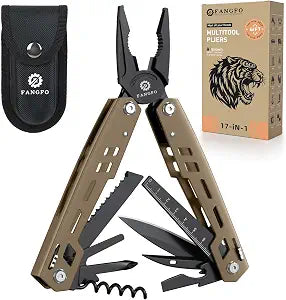 Multitool 17-in-1 Stainless Steel Multi Tool with Pocket Knife Needle Nose Pliers Bottle Opener Screwdriver Self-Locking Professional Multi-Tool for Outdoor Survival Gifts for Men(Brown)