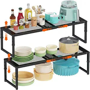 2 Pack Expandable Kitchen Cabinet Shelf Organizer, 15.5"-25.5" Long Adjustable Storage Shelves Organizers for Kitchen Countertop Pantry Cupboard Table Desk Counter, Stackable, 30LBS Load Capacity