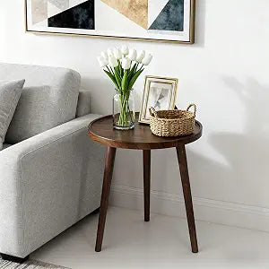 Round Side Table with Solid Wood,End Table,Coffee Table,Small Round Side Table with Solid Wood Leg for Couch,Living Room,Bedroom Office and Small Spaces,Easy Assembly,Brown