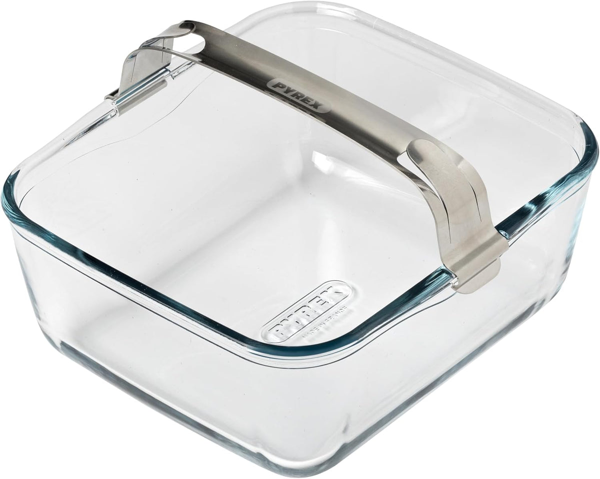 PYREX Ideal Air Fryer Glass Baking Dish 20 x 18 cm with Detachable Stainless Steel Clip Handle for Single Basket Air Fryers, Ultra-Resistant Borosilicate Glass, 2 L