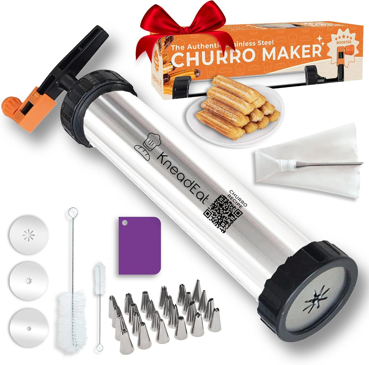 KneadEat Churro Maker Kit Stainless Steel, Piping Bag, XL Filling Needle