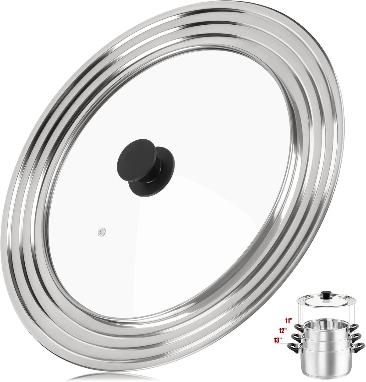 Pan Lid Fits 11, 12 & 13 Inch Cookware, Universal Lid for Pots, Pans and Skillets,Replacement Frying Pan Cover with Tempered Glass Top, Stainless Steel Cast Iron Skillet Lids - Heat Resistant Handle