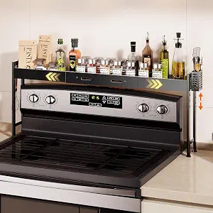 Over Stove Top Shelf Extendable 28-33" Stove Spice Rack 4 Hooks (Black)