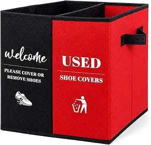Shoe Cover Box with Door Hanging Sign  Foldable Double Compartment Storage Bin, Freestanding Dispenser Organizer for Home, Office, Entryway (Black Red)
