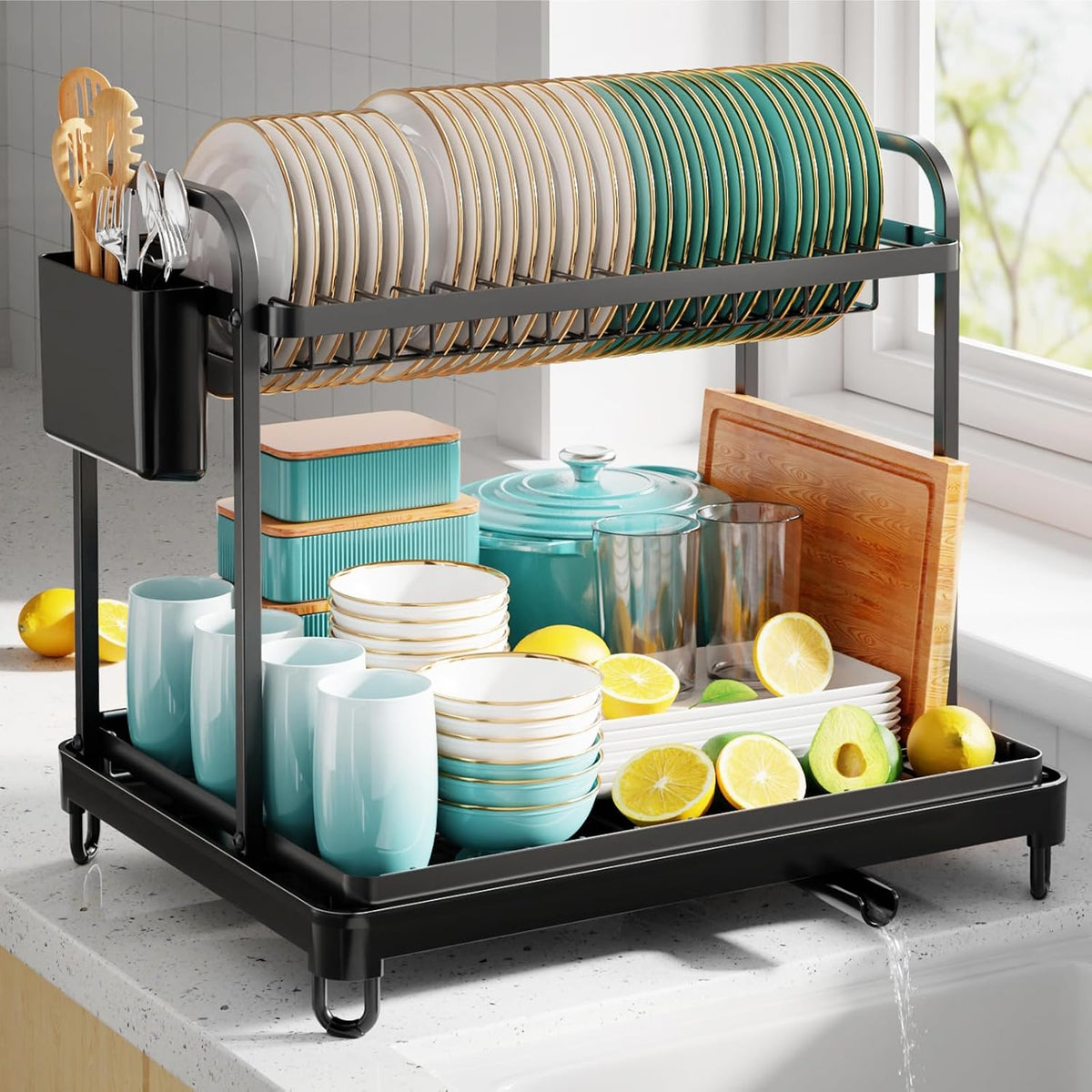 Sakugi Dish Drying Rack 2-Tier 16.7" x12.7" x15.8" Black Double Rod