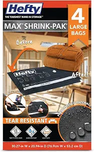 Hefty MAX Shrink-Pak Vacuum Seal Storage Bags for Clothing, Travel, Bedding | Tear & Water Resistant, Dual-Valve Space Saver Compression Bags - Large, 4-Pack