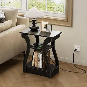 OLIXIS Nightstand with Charging Station, Curved End Table, Side Table