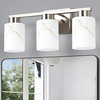 3-Light Bathroom Light Fixtures, Modern Vanity Lights, Brushed Nickel Metal Wall Lamp with White Marble Glass for Bathroom, Mirror, Living Room, Bedroom, Cabinet, Porch, Hallway, E26 Base