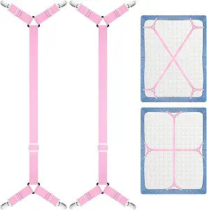 Morcheiong 2 Pack Bed Sheet Fasteners Straps Adjustable Bed Sheet Holder Bands with Sheet Clips for Bedding Stays Bedsheet Tie Downs -Pink