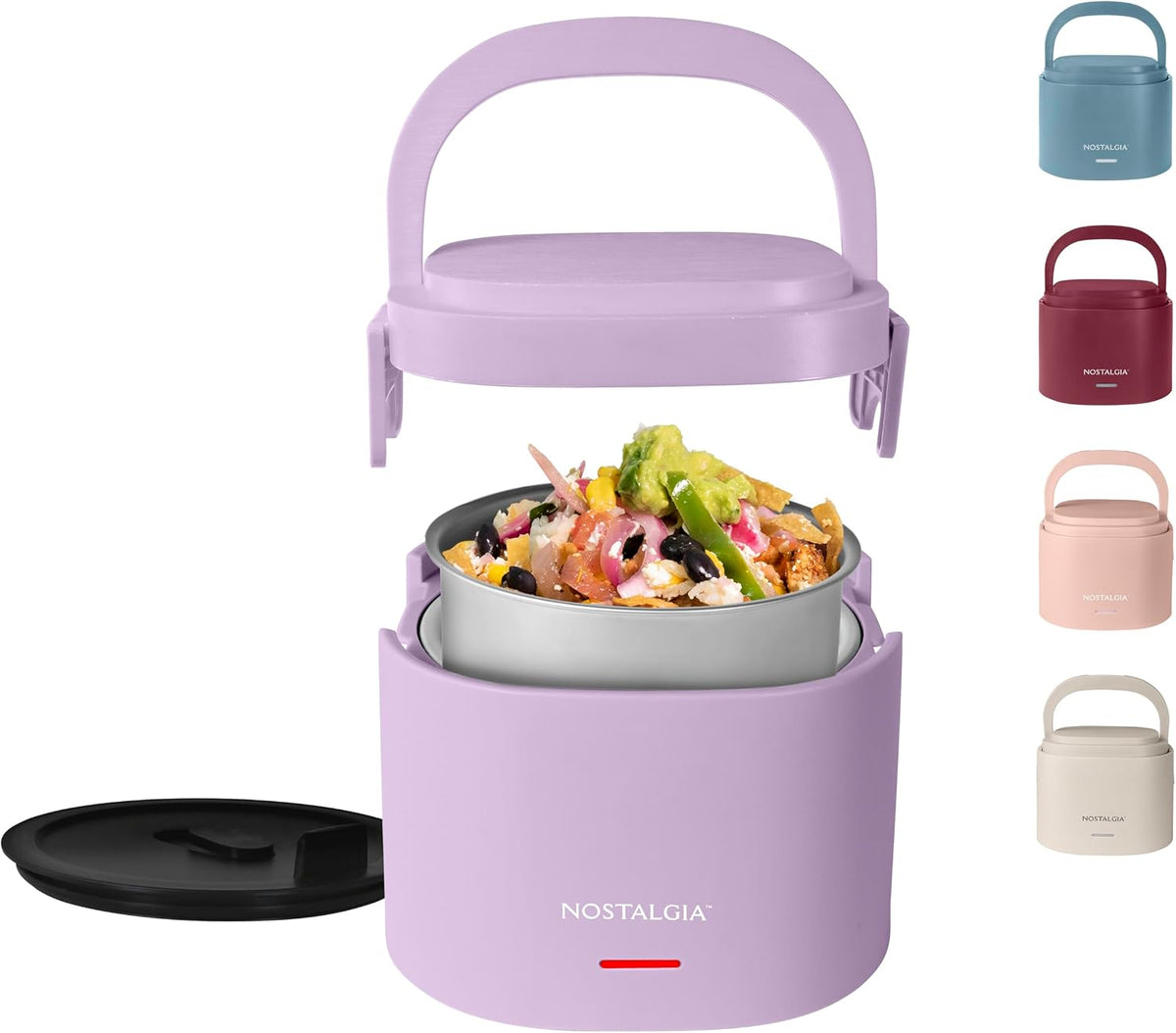 Nostalgia Portable Heated Lunch Box - 2.5-Cup Stainless Steel Food Warmer - Detachable Cord, Leak-Proof Lid, Carry Handle - Portable for Work & Travel - Lavender