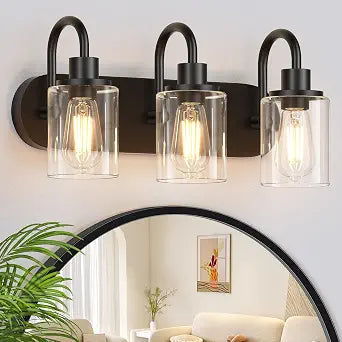 Baocuz 3-Light Bathroom Light Fixtures, Black Vanity Light Farmhouse Wall Sconces with Clear Glass Shade, Modern Bathroom Wall Lamp for Mirror Bedroom Hallway Living Room Cabinet