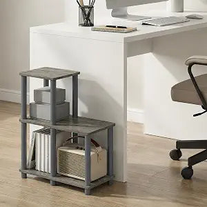 Furinno Turn-N-Tube Toolless Assembly 2-Tier Ladder Shape Grey Book Shelf with Open Frame Design, Corner Shelf, Open Shelves, for Living Room, Garage, Home Office, Grey Oak