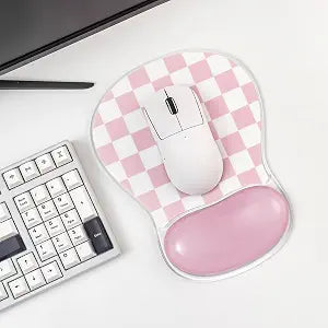 Pink Checkered Mouse Pad with Gel Wrist Rest Support - Ergonomic Mousepad