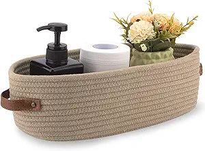 Storage Basket Boho Decor Baskets for Organizing Woven Decorative Basket for Countertop Toilet Paper Basket for Toilet Tank Top Shelf Basket with Handle Khaki