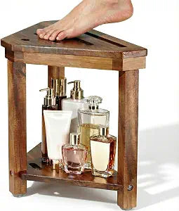 Acacia Wood Shower Stool for Shaving Legs, Corner Bath Shower Bench