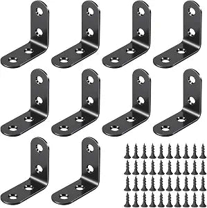 L Brackets Small for Shelves 90 Degree Shelf Bracket Angle Corner Brace Metal Black L Shaped Joint Fastener Set 10 Pcs with 40Screws for Wood Furniture Cabinet Chair Support