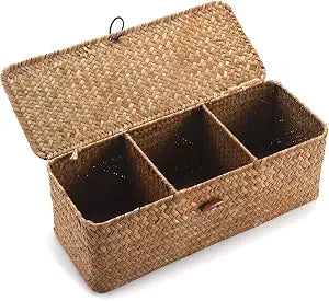 Seagrass Storage Basket with Lid for Tampon and Pad 3 Sections Rectangular