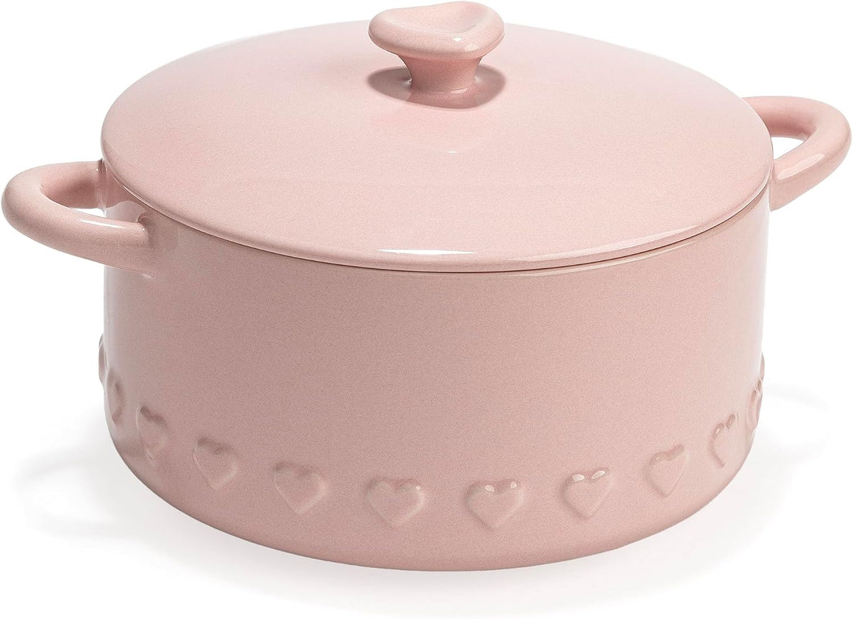 Paris Hilton Iconic Ceramic Stoneware Casserole Dish With Lid, Oven Safe Up To 450F, Dishwasher & Microwave Safe, 28oz, Pink with Embossed Heart Design