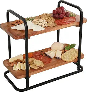 Gibson Home Gracious Dining 2-Tier Wooden Serving Tray with Metal Frame  Acacia Wood Rectangle Charcuterie Board, Cheese Platter, Dessert Display Stand for Buffet, Kitchen, Dining, or Events