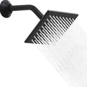 6 Inch Square Shower Head Black Stainless Steel High Pressure Rain Shower Heads with Extension Arm Adjustable Angle Replacement Shower Head for Modern Bathroom (Square, Black)