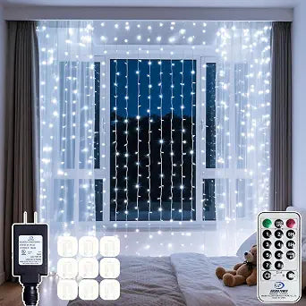 300 LED Cool White Curtain String Lights 9.8x9.8FT Plug in Fairy Lights with 9 Hooks Dimmable Timer & 8 Modes IP44 Waterproof Bedroom Office Wall Wedding Backdrop Christmas Indoor Outdoor Decor