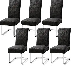 Luxurious Leather Look Dining Chair Covers Skin-Friendly Washable Synthetic PU Leather Chair Covers for Dining Chairs Set of 6, Premium & Soft High Back Kitchen Chairs Covers Stretchy (Black)