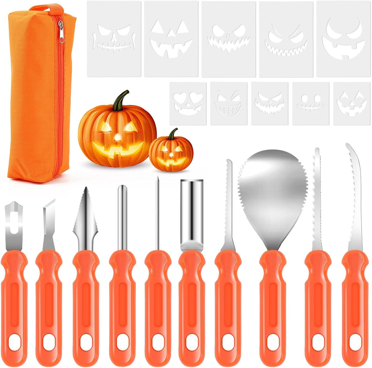 AUGSUN 21pcs Halloween Pumpkin Carving Kit with Stencils for Adults