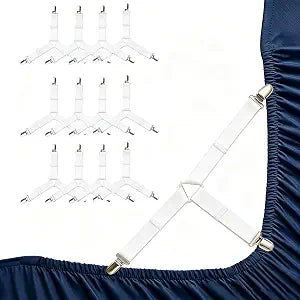 Bed Sheet Straps, 12 PCS Adjustable Bed Sheet Clips, Fitted Sheet Holder with Triangular Support Design, Keeps Sheets Securely in Place for Twin, Full, Queen & King Mattresses, White