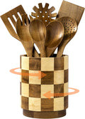 Wooden Utensil Holder, 360Rotating Checkered Kitchen Utensil Holder