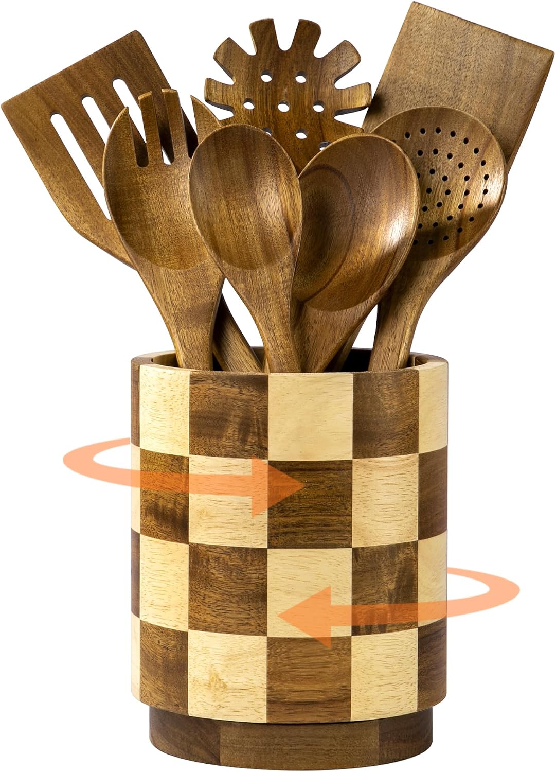 Wooden Utensil Holder, 360Rotating Checkered Kitchen Utensil Holder